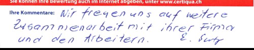 Wir freuen uns auf weitere Zusammenarbeit mit Ihrer Firma und den Arbeitern.